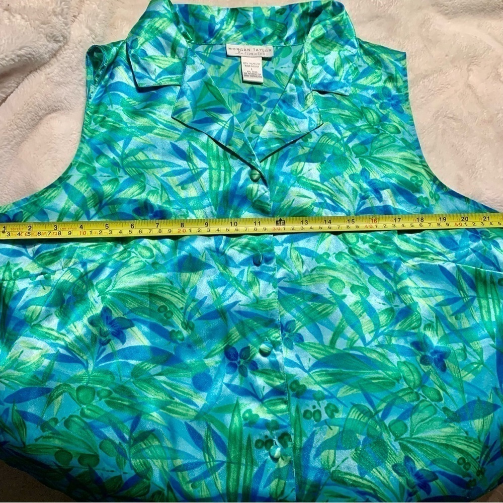 Morgan Taylor Intimates Top Sleep Top Large Sleeveless Teal Green Satin Tropical - Picture 10 of 12